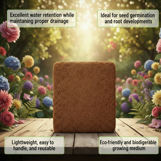use the 4 benefits as listed below and make them more readable, and bring them closure to the cocopeat block
1. Excellent water retention while maintaining proper drainage
2. Improves soil aeration and root development
3. Ideal for seed germination and young plants
4. Eco-friendly and biodegradable growing medium