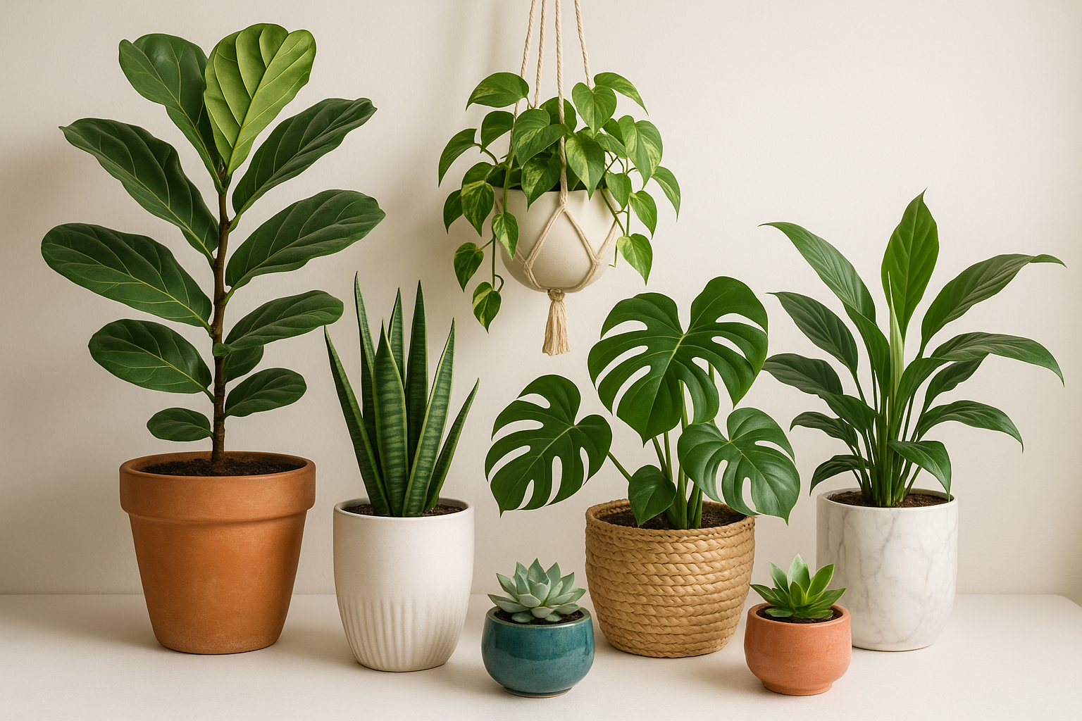 a set of different plants with beautiful pots
