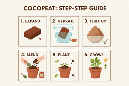 generate an image of cocopeat with step by step ways of using it